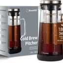 BrewMOO- Airtight Cold Brew Coffee Maker Pitcher, 1.0L/34Oz Thick Glass Carafe with Filter, Comfort Sturdy Handle & Wide Spout, Non-Slip Base | Iced Tea Maker (Black)