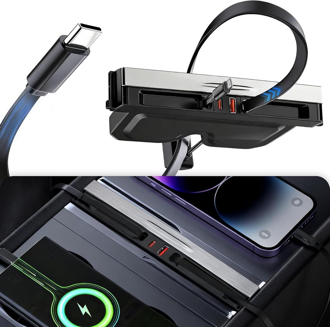 Polwlamks 65W Fast Charging USB Hub for Tesla 2025-2026 Model Y Juniper 2024-2025 Model 3 Highland, 4-in-1 Multi Ports & Retractable Cable, Model Y L Center Console Hidden Charger Hub fits Model 3/Y