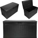 Suncast 80-Gal. Resin Large Outdoor Patio Deck Box with Pad-Lockable Lid, Modern Outdoor Patio Bench/Storage Box for Cushions, Garden Tools, and More, Iron Ore