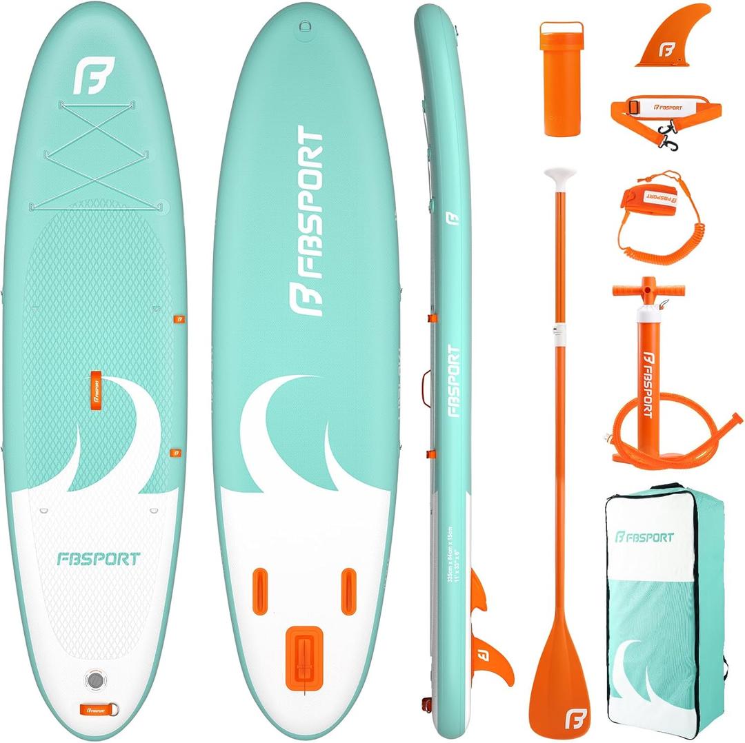 FBSPORT 11' Premium Stand Up Paddle Board, Yoga Board with SUP Accessories & Carry Bag | Wide Stance, Surf Control, Non-Slip Deck, Leash, Paddle and Pump for Youth & Adult (Orange Green)