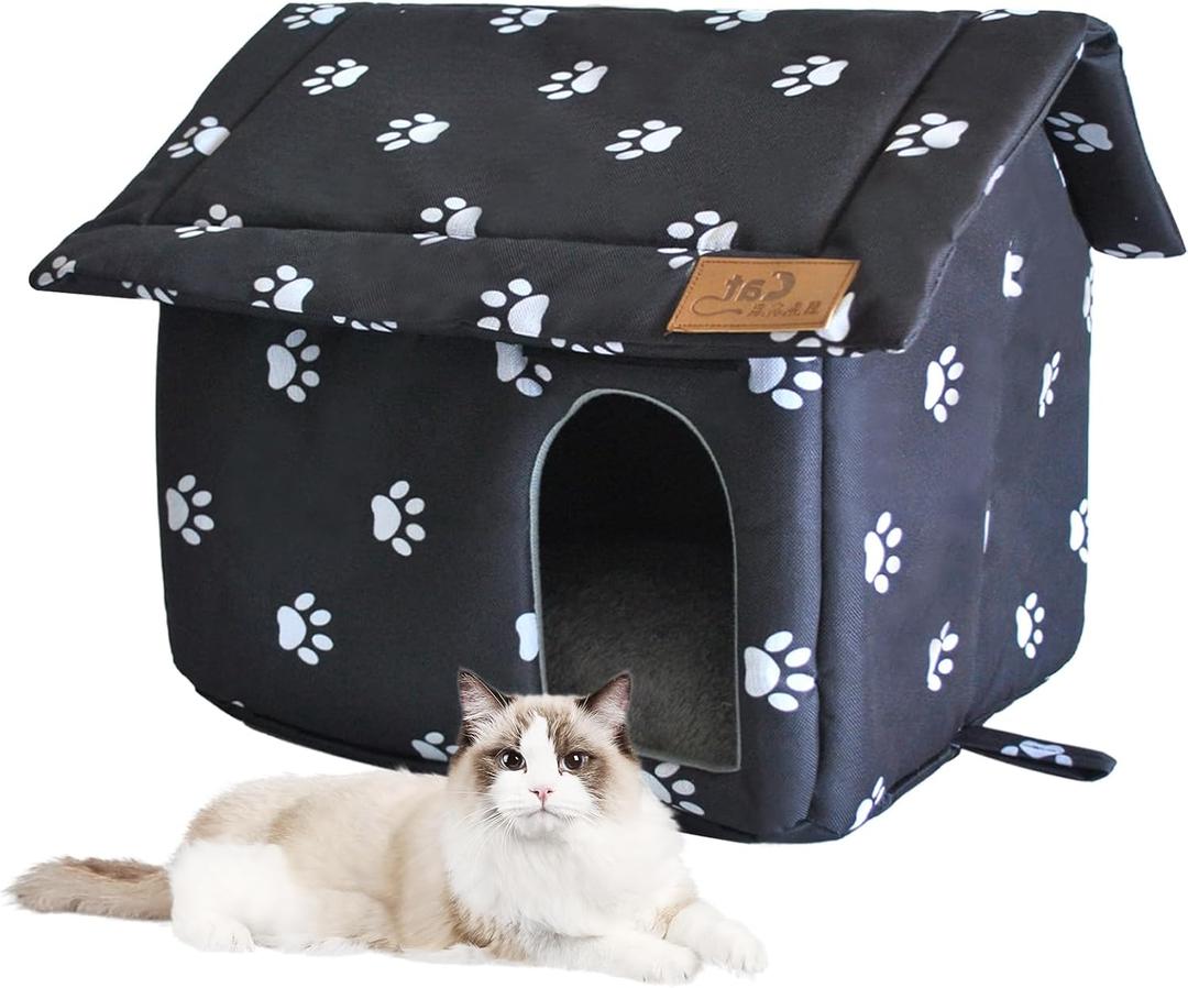 Cat House for Outdoor,Weatherproof Warm Feral Cats Shelter Outside/Indoor Collapsible Insulated Pet Houses Foldable Stray Cat Tent Cave for Kitty Puppy Small Animals Four Season(Black)