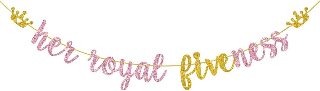Her Royal Fiveness Banner, Happy 5th Birthday Hanging Sign, Glittery Girls 5th Birthday Party Decoration Supplies