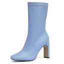 NEWBELLA Women's Classic Square Toe Heeled Boots - Side Zipper Vegan Leather Booties with Non-Slip Rubber Sole for Office & Winter, Light Blue 5.5