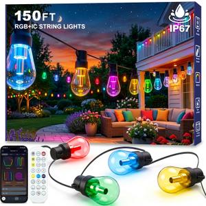 Beizelte Outdoor String Lights, 150FT RGB+IC Outside Light Dimmable Shatterproof LED Bulbs, IP67 Waterproof Chasing Effect Lighting DreamColor Patio Strip Lights for Backyard, Balcony, Outdoor Living