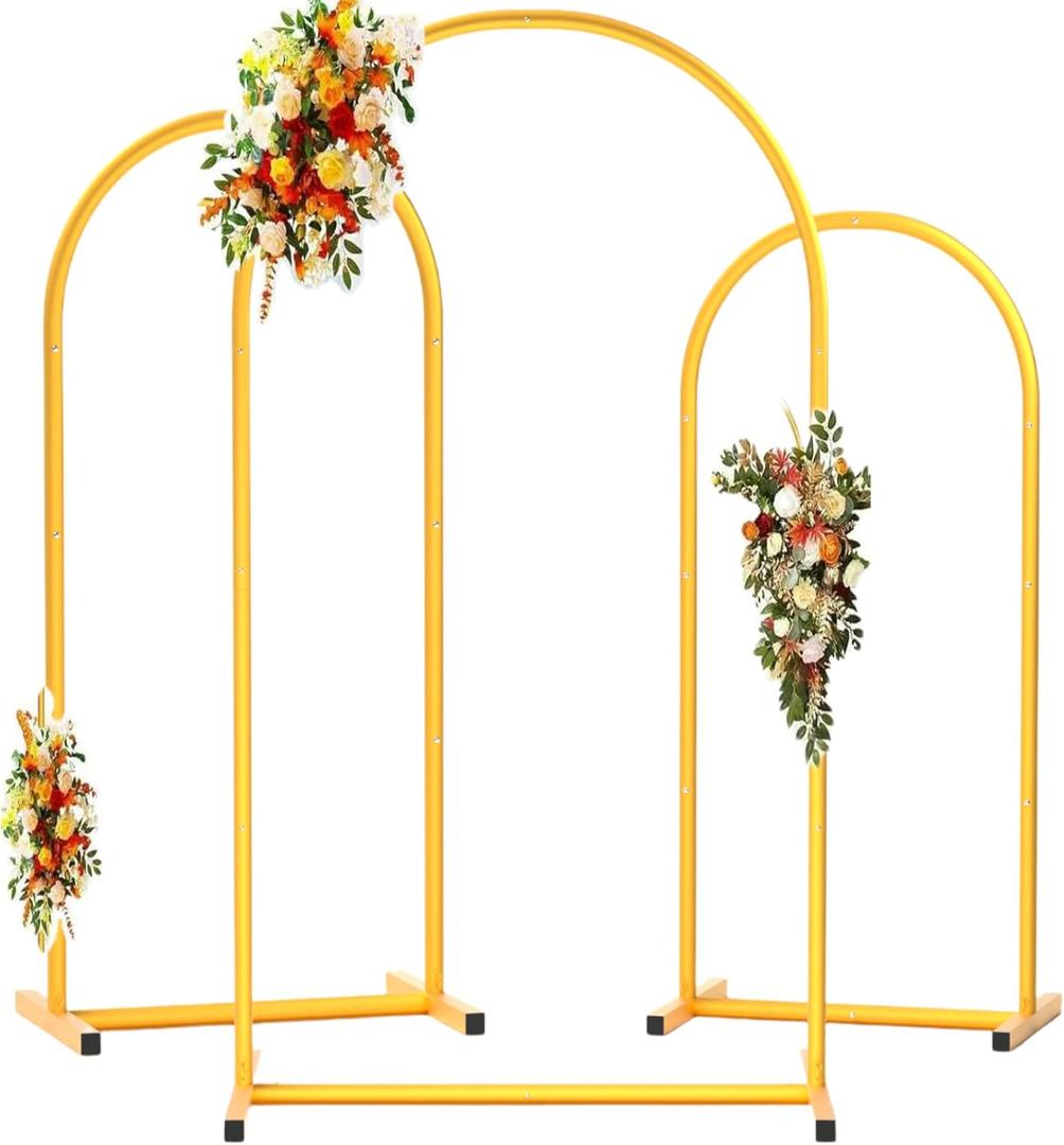 DDMY Large Arch Backdrop Stand (7.2FT/6.6FT/6FT) Metal Balloon Arch Stand Set of 3 Gold Party Stands for Wedding, Birthday, Baby Shower, Bridal Shower - Balloon Arched Frame for Garden Decor, Gold Floral Arches, 3 Pieces
