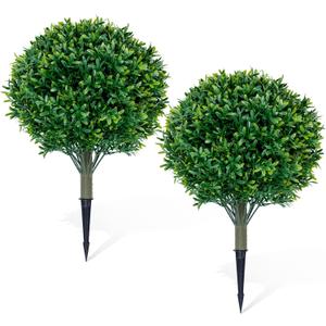 Premium 16" Diameter Artificial Japanese Boxwood Topiary  Set of 2 Faux Plants with Ground Spikes  UV-Resistant, Realistic Outdoor & Indoor Garden Dcor  Weatherproof and Durable