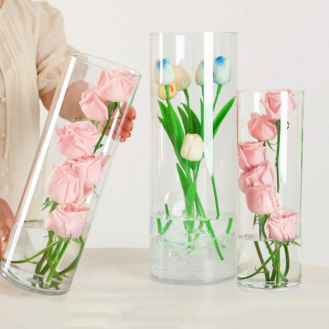 Liotww Acrylic Cylinder Clear Vases, Tall Large Plastic Flower Vase for Bouquet, Unbreakable Hurricane Vases Set of 3 for Centerpieces (D 6", D 4.8", D 4" + 3 Holder)