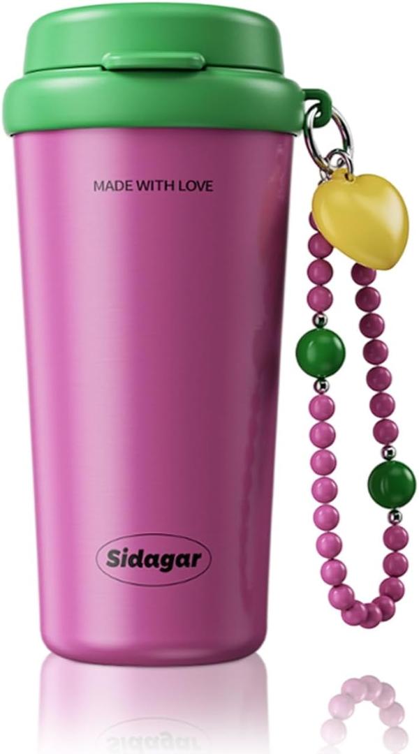 16oz Ceramic Lined Coffee Mug with Heart Charm, Leak-Proof Vacuum Insulated Travel Tumbler, Reusable Stainless Steel Cup for Women, Yoga & Commute - Berry Purple