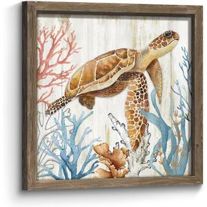 Sea Turtle Framed Wall Art: Wooden Coastal Theme Ocean Life Picture Artwork Seabed Sealife Coral Painting Print Decor Rustic Bathroom Bedroom Living Room Kitchen Decoration