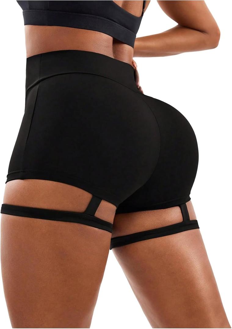 OYOANGLE Women's High Waisted Garter Shorts Skinny Cut Out Booty Butt Lifting Gym Yoga Shorts, Size:Small