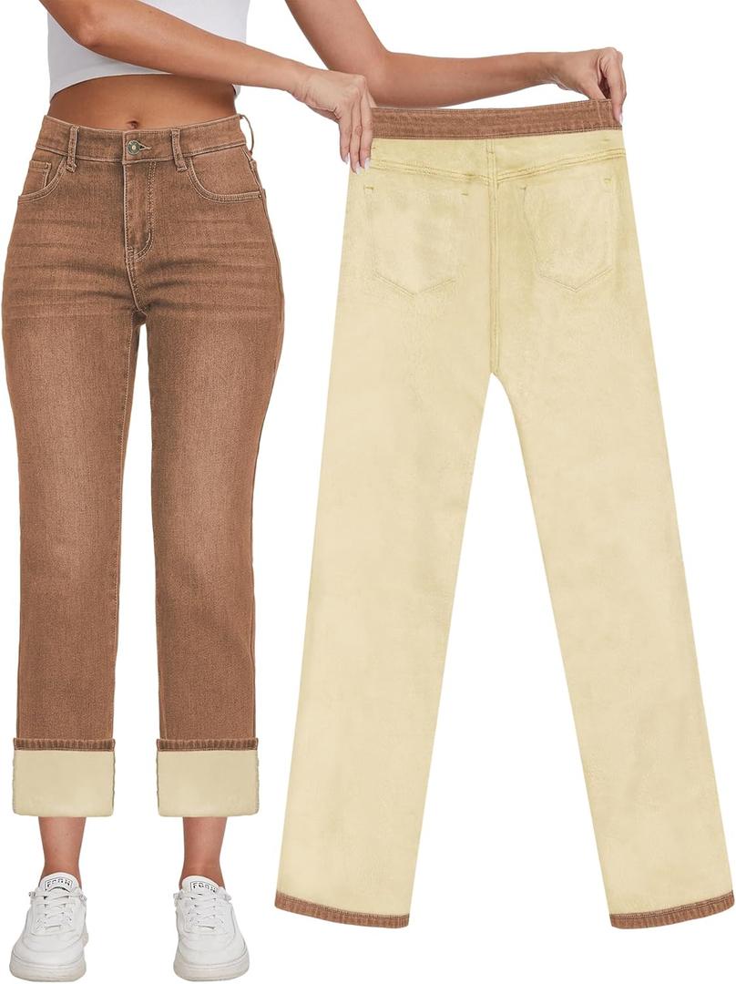 KDF Women's Fleece Lined Jeans Women High Waisted Straight Leg Jeans Winter Fleece Lined Jean Pants (14, #Brown)