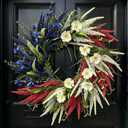 4th of July Wreath for Front Door, 24Inch Large Full Patriotic Wreath with Red White Blue Wheat Spikes & Daisies, Rustic Americana Decor for Independence Day, Memorial Day, Veterans Day