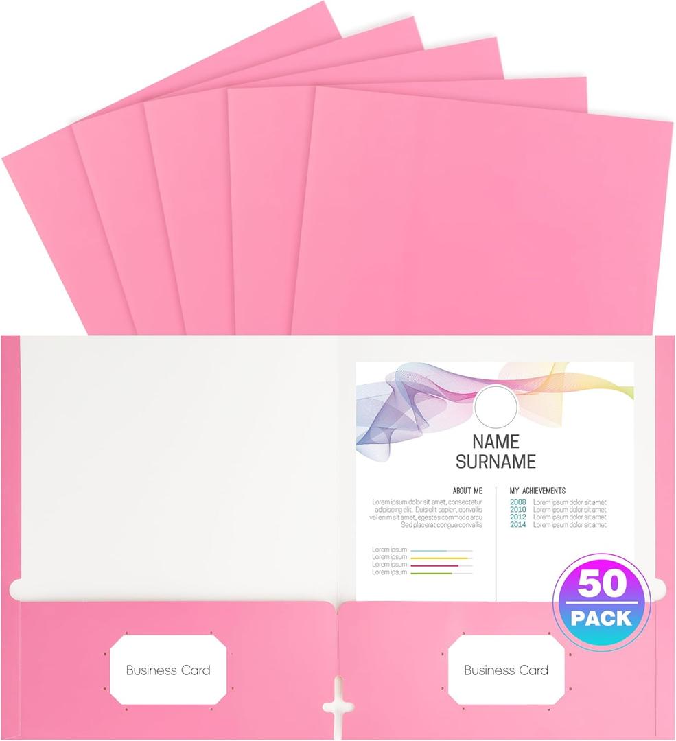 50 Pack Folders with Pockets, Pocket Folders Fit Letter Size Paper, with Business Card Slot, 2-Pocket Folder for School Office Home Business (Pink)