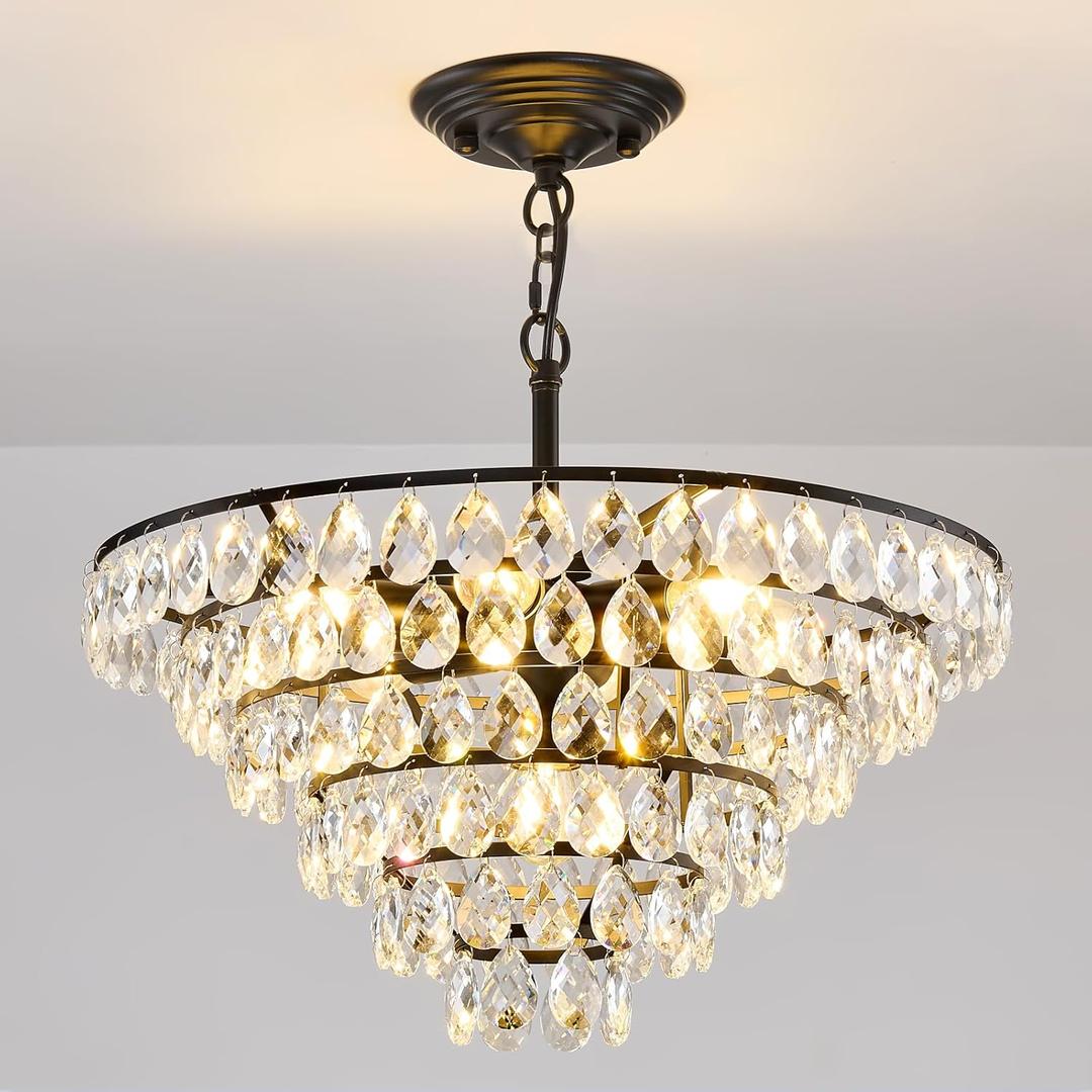 YYJLX Modern Crystal Chandelier 7 Light 20" Raindrop Black Ceiling Chandelier Adjustable Hanging Light Fixture for Dining Room Foyer Entryway Staircase Living Room