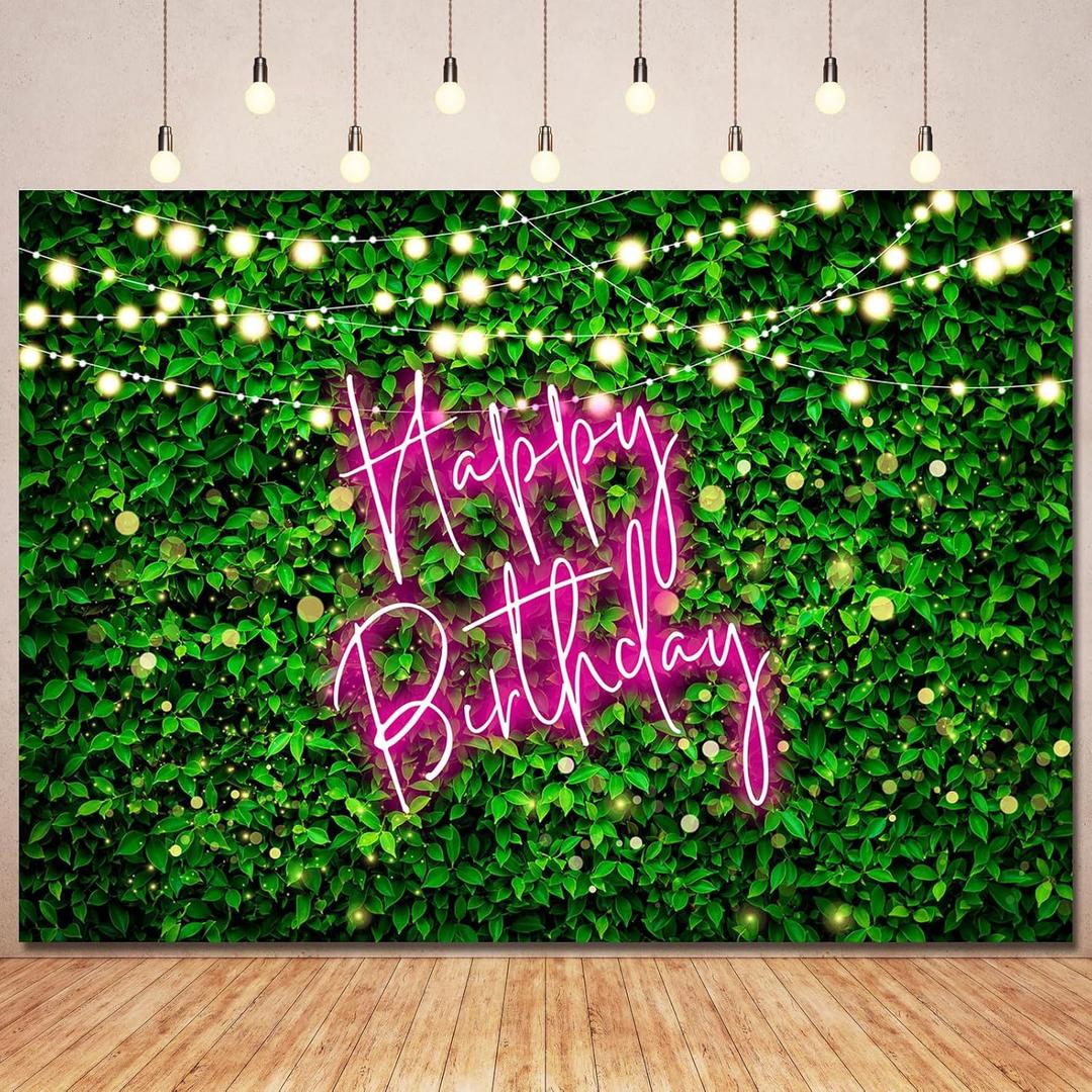 Greenery Grass Birthday Backdrop for Women Summer Tropical Bday Decorations,Pink and Green Neon Happy Birthday Backdrops Banner Photography Background Girls Bday Party Supplies Photo Booth Prop 10x7ft