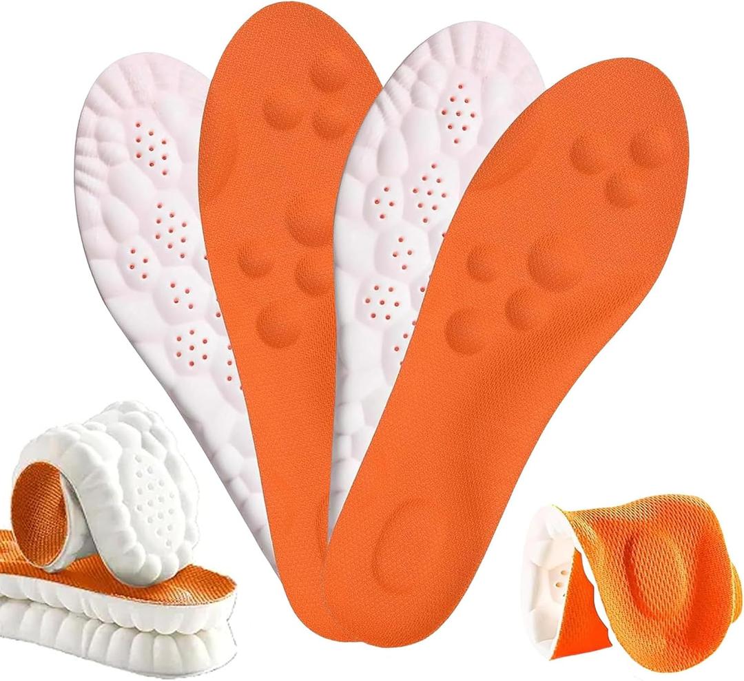 2 Pairs Insoles for Men Women - Soft Elastic Breathable Shoe Insoles - 4D Memory Foam Shoe Inserts (Orange, Women 4-9)