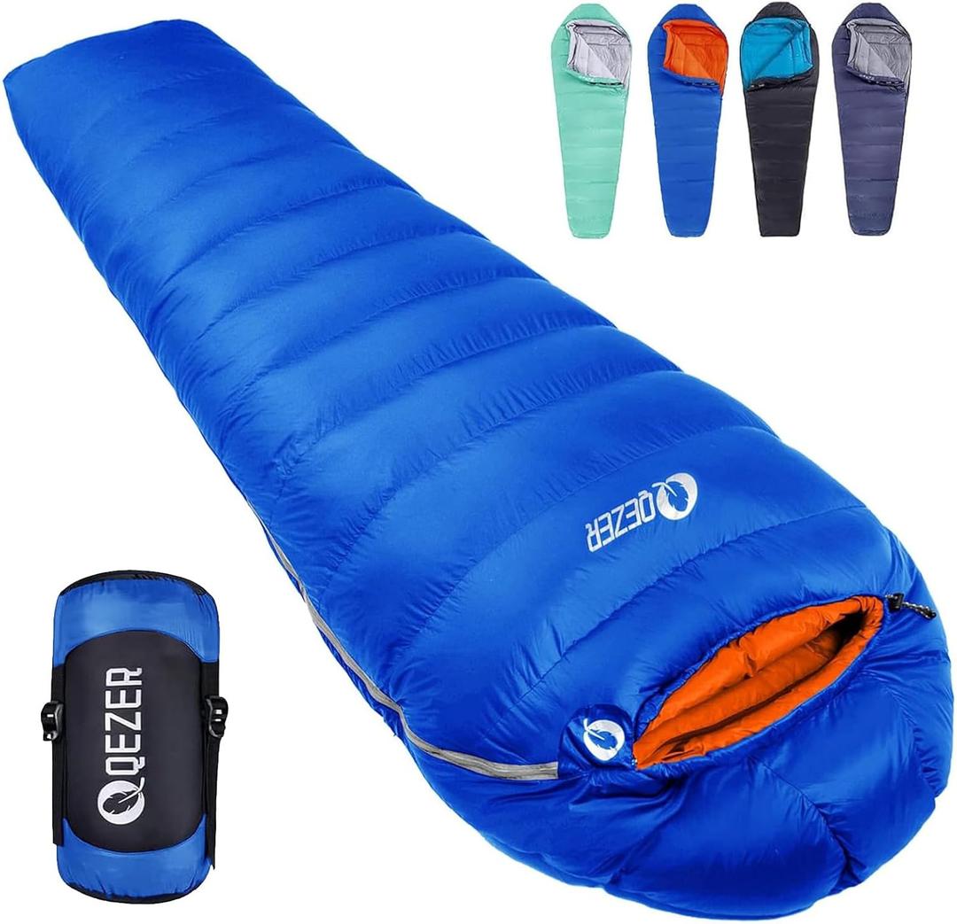 QEZER Down Mummy Sleeping Bag for Adults, 32°F to 10°F Lightweight Compact for Camping Backpacking Hiking, 4 Season Outdoor Sleeping Bag with 600 Fill Power Down