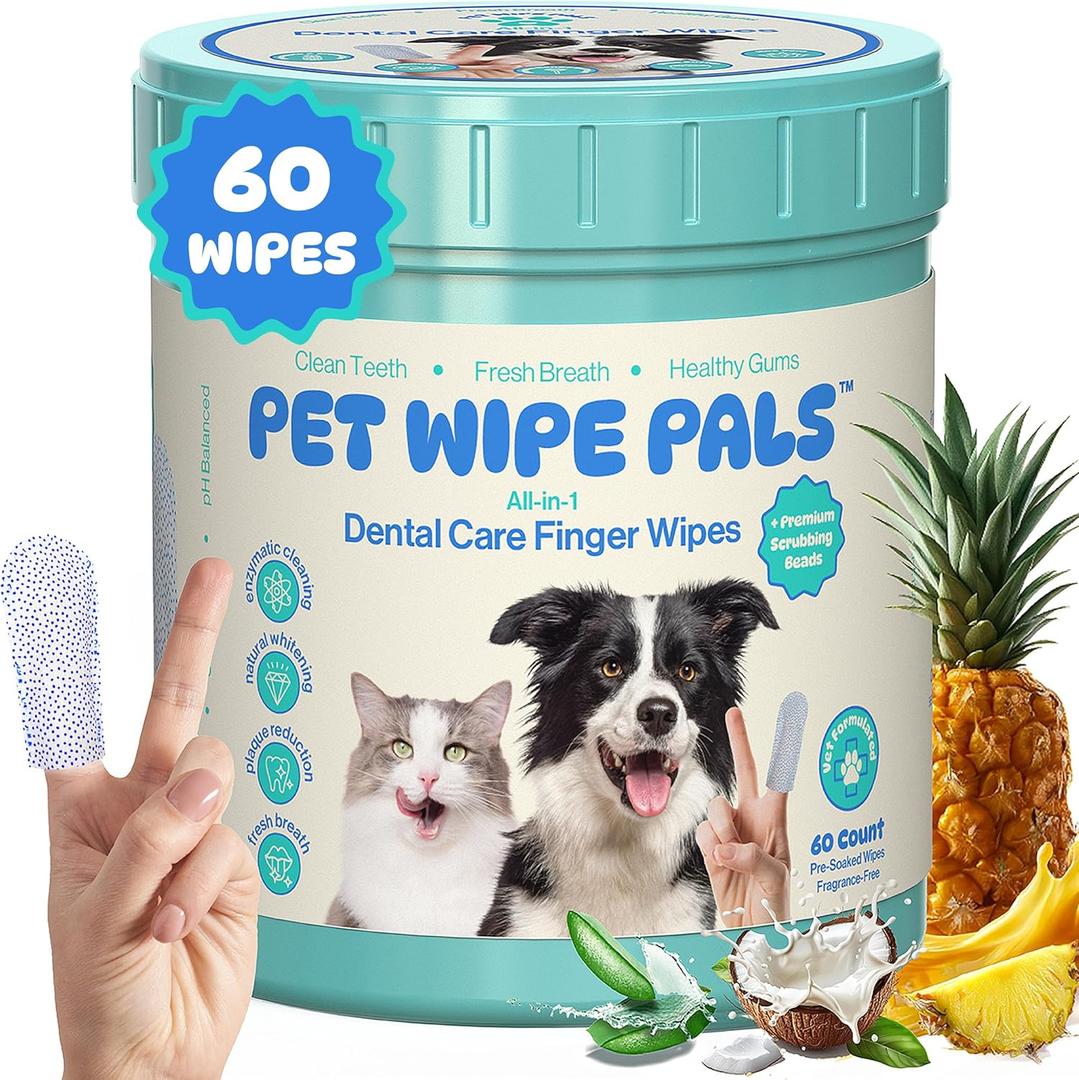 All-in-1 Dog Teeth Cleaning Wipes | Enzymatic Whitening + Micro Scrubbing Beads | Pet Dental Wipes & Finger Tooth Brushing Kit | Plant-Based Dental Care for Cats & Dogs (60 Count)