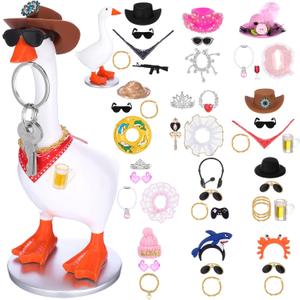 7 Inch Mini Goose Key Holder with 12 Set Outfits, Resin Magnetic Desk Goose Outfits, Cute Figurines Keychain Hanger, Desktop Table Decor for Home Office Bedroom House Housewarming Gifts