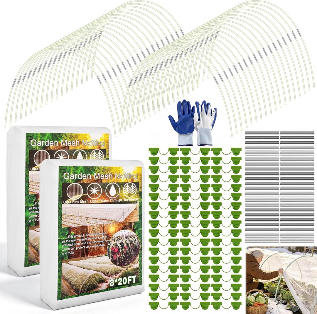Garden Mesh Netting Kit, 2 Pieces 8x20FT Garden Netting, 100 Garden Hoops 80 Connectors 72 Clips 1 Pair Gloves, Protection for Plant Vegetable Fruits Flowers Greenhouse (White 8 * 20ft)