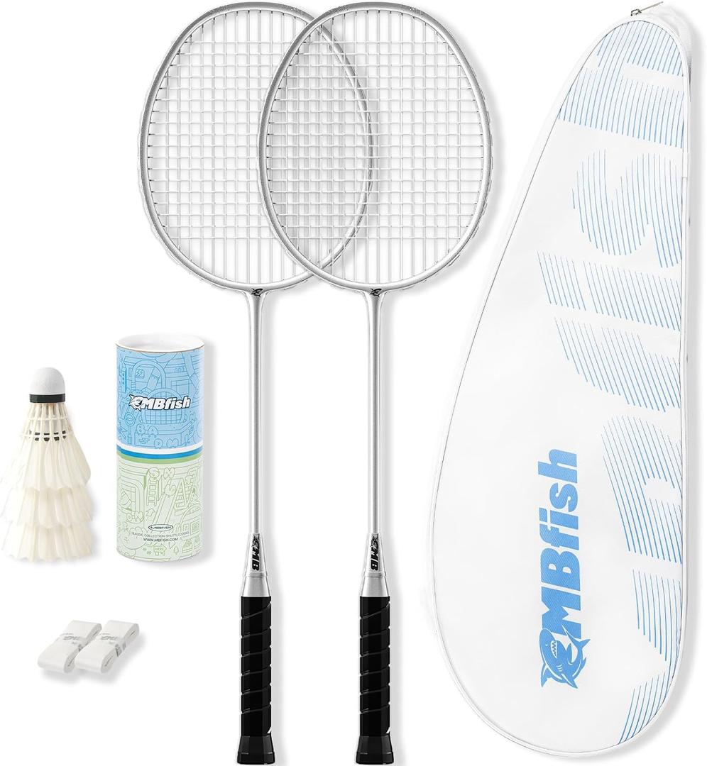 MBFISH Badminton Racket Set with 2 Carbon Fiber Rackets, 3 Shuttlecocks, 2 Replacement Racket Grip Tapes and 1 Badminton Bag - Perfect for Beginners & Outdoor Games 4U (Sliver)