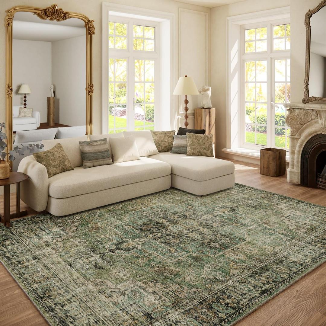 6x9 Area Rugs for Living Room: Washable Bedroom Rug Boho Vintage Rugs Stain Resistant Non Slip Low Pile Soft Lightweight Carpet for Kitchen Dining Room Farmhouse Nursery Kids Room (Black and Green)