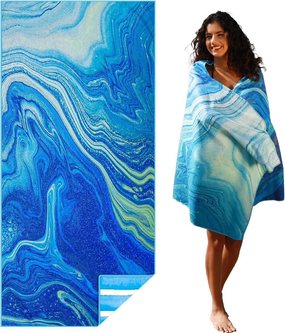 Microfiber Lightweight Beach Towel Sand Free Quick Dry Absorbent Thin Compact Towels for Swimming Pool Camping Beach Accessories Large Easy Pack Travel Things for Vacation Essentials Gift Adult (32x71 inch, Drift Sand Blue)