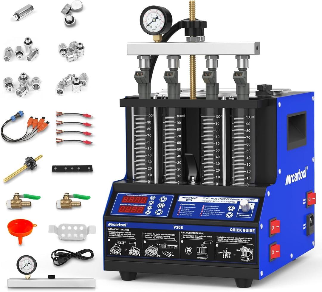 MR CARTOOL V308 Injector Cleaner Machine 4-Cylinder, 110V Injector Cleaner Tester Machine Ultrasonic Fuel System Injection Cleaning Kit for Gasoline Diesel Car Motorcycle