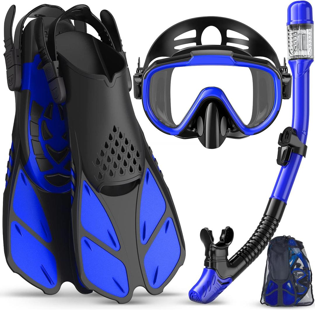 Snorkeling Gear for Adults Men Women,4 in 1 Snorkel Set with Panoramic View Diving Mask Anti-Fog Anti-Leak,Dry Top Snorkel,Fins and Travel Bag for Swimming,Snorkeling and Travel Diving (BLUE)