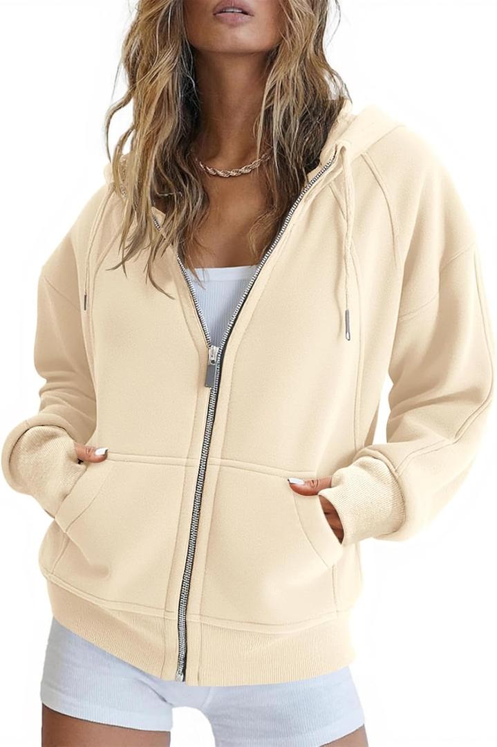 Fisoew Womens Zip Up Sweatshirts Fleece Lined Collar Crop Hoodie Casual Cotton Long Sleeve Tops with Thumb Hole (Small, Khaki)