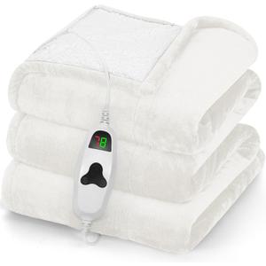 Greenoak Heated Blanket Electric Throw 50"X60", Heating Blankets with 10 Heat Levels 8 Hours Auto-Off, Soft Flannel Sherpa Fluffy House Warming Gifts for Grandma Seniors Mom,Pure White