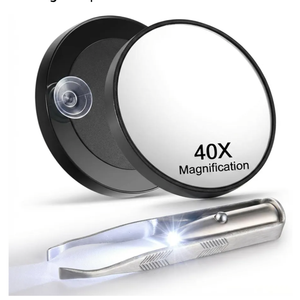 40X Magnifying Mirror with Suction Cup & LED Lighted Tweezers Set, 2 in 1 Hands-Free Makeup Mirror with Light and Precision Light Up Tweezers