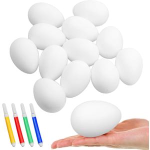 SHEHARUHI 12 Pcs White Blank Plastic Easter Eggs Kit with 4 Color Pens Bulk Decoration for Craft Hanging Artificial Eggs with Rope DIY Painting Decorating Basket Fillers Gift Easter Party Favors
