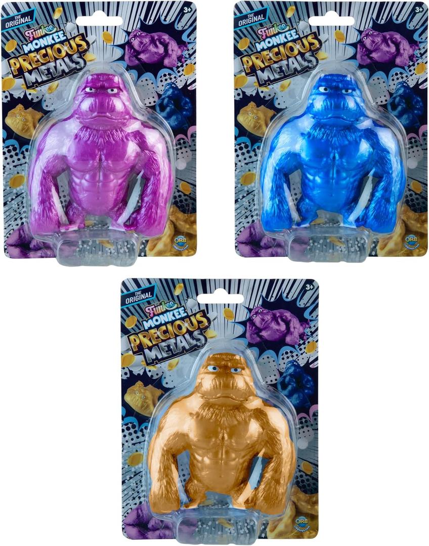 ORB Mega Precious Metals Funkee Monkee 3 Pack - Metallic Colored Stretchy, Squishy, Funny Monkeys - Perfect to Squeeze for Stress Relief - Fun Collectible Sensory and Fidget Toys for Kids and Adults
