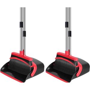 NACENA Broom and Dustpan Set, 52-in Long Adjustable Handle Broom Dustpan Combo with Dustpan Teeth to Automatically Clean Hair Suitable for Home Kitchen Office Hall Floor (Black&Red), 2 Pack