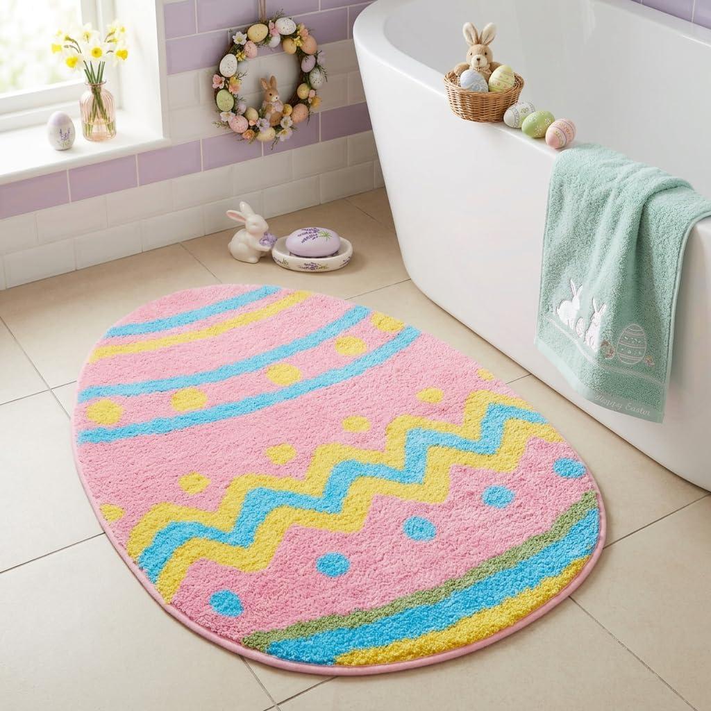 Painted Eggshell Bathroom Decor Bathroom Rugs, Shaggy Soft and Absorbent Bath Rug, Non-Slip, Thick Plush Machine Washable Dry Bath Mats for Home, Tub and Shower, 31"20" (Pink)