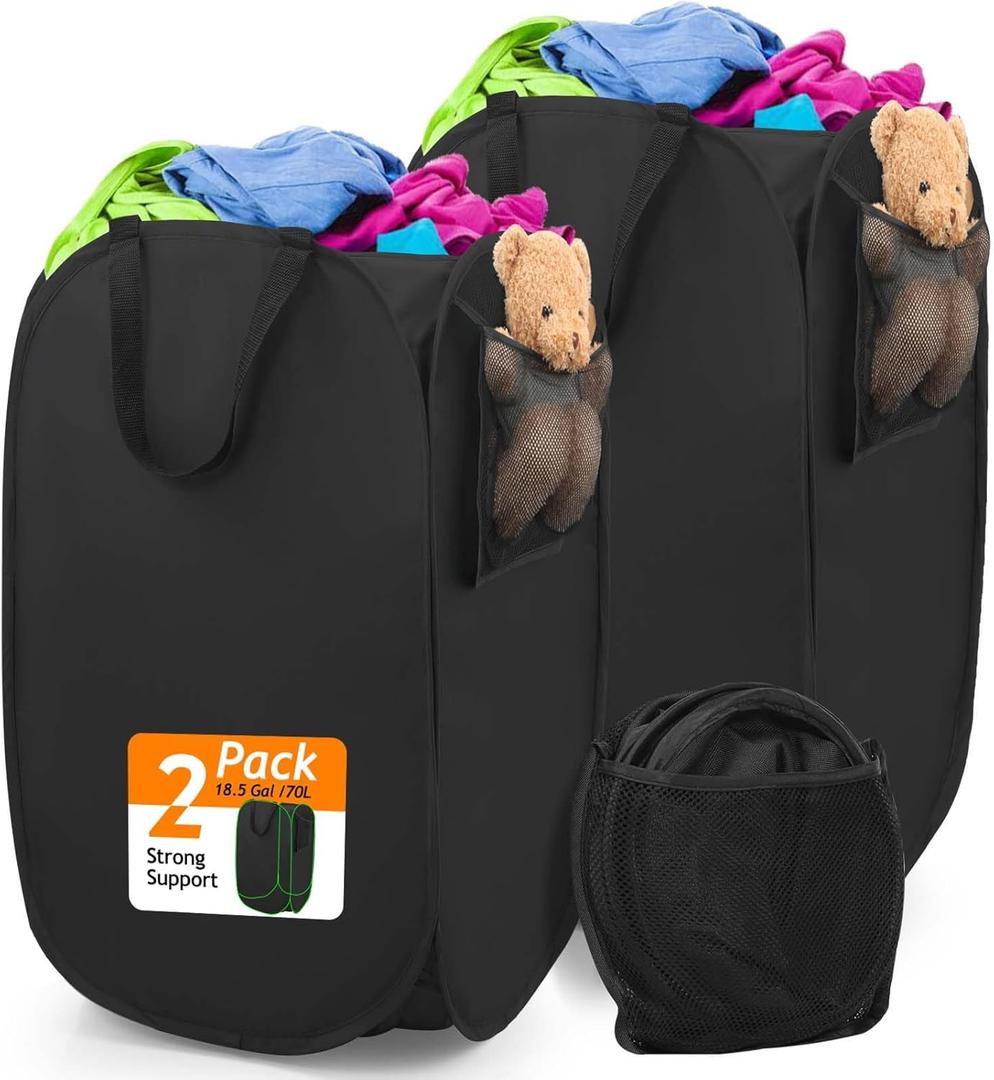 Upgraded Polyester Pop-up Laundry Hamper 2 Pack, 70L(18.5 Gal) Laundry Basket with Durable Handles Solid Bottom High Carbon Steel Frame and Side Pocket, Easy to Open Fold Flat for Storage