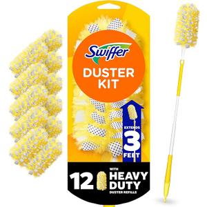 Swiffer Duster Kit with 3 ft Extendable Handle, Heavy Duty Dusting Starter Kit with 12 Refills, for Ceiling Fans, Vents and Hard to Reach Places
