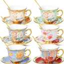 Tea Cups and Saucers, Tea Cup Set of 6, 8 OZ Floral Cups Porcelain Cup Set for Cappuccino, Coffee, Afternoon Tea Birthday Party Supply Housewarming Gift