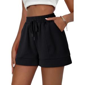 Dokotoo Women's Air Layer Casual Comfy Moisture Wicking Drawstring Shorts with Pockets (Medium, Black)