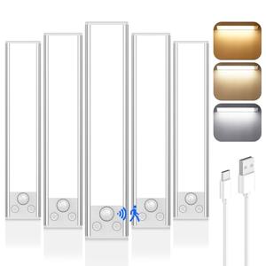 Only 3 Pack Under Cabinet Lighting, 68LED 2000mAh Rechargeable Battery Operated Motion Sensor Light Indoor, 3 Color Wireless Dimmable Closet Lights, Magnetic Under-Counter Light Fixtures for Kitchen, Home
