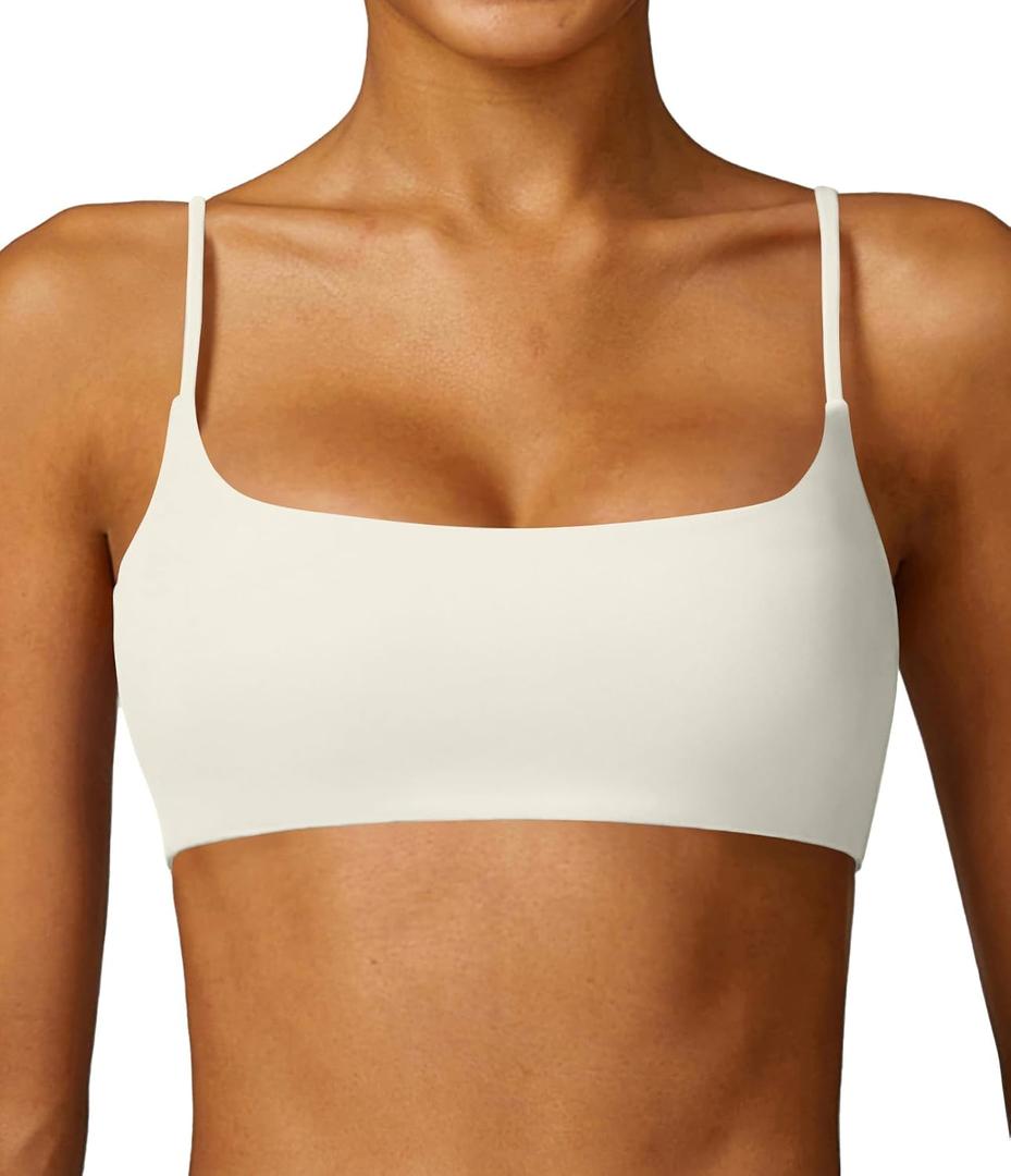 Comper Women's Sports Bra with Thin Straps Stretchy Wirefree Workout Bras Lightweight Workouts Bralette with Removable Pads (White, L)
