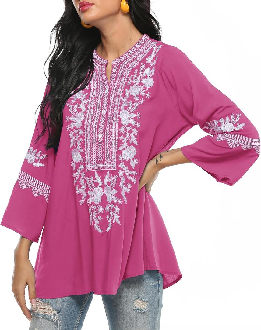 Traditional Mexican Embroidered Peasant Tops for Women, Plus Size Vintage Floral Tunic Shirts, Flowers Embroidery Blouses (3X-Large, Rose)