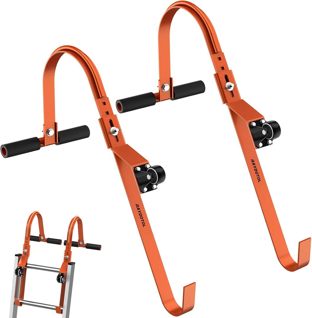 2 Pack Ladder Roof Hook with Wheel RAYDOTOL Heavy Duty Steel Ladder Stabilizer Roof Ridge Extension with Rubber Grip T-Bar 500 lbs Load Bearing Ladder Hook (Orange)