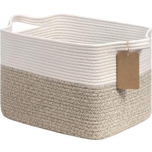 Goodpick Woven Storage Basket, Cotton Rope Basket for Dog Toys, Books, Stylish Gift Basket with Handles, 13 x 10 x 9 Inches Square Baskets for Organizing, Brown and White