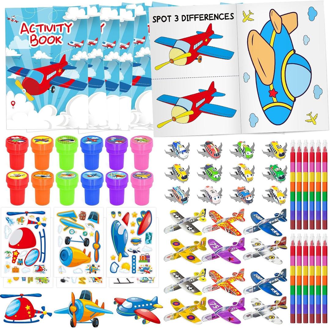 Cinrobiye 72 PCS Airplane Party Favors Activity Set, Airplanes Coloring Books with Crayons Sticker Foam Gliders Planes Pull Back Planes Stampers, Classroom Prizes Goodie Bag Stuffers Birthday Gifts