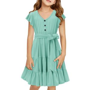 storeofbaby Girls Short Sleeve Dress V Neck Button Ruffle Hem Dresses with Belt (Green, S)
