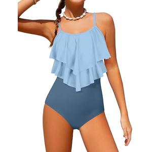 Tomolant Girls Swimsuit, Teen Swimsuits for Girls 12-14 Color Block One Piece Bathing Suit 2-Tiered Ruffle Bathing Suit with Chest Pad Adjustable Straps Swimwear 13-14 Y