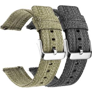 2 pcs 20mm 22mm Canvas Quick Release Watch Band, Universal Ballistic Nylon Woven Loop Replacement Strap Wristband Buckle Fastener Adjustable Closure for Smart-watch Sport Fitness Tracker (Green + Gray)