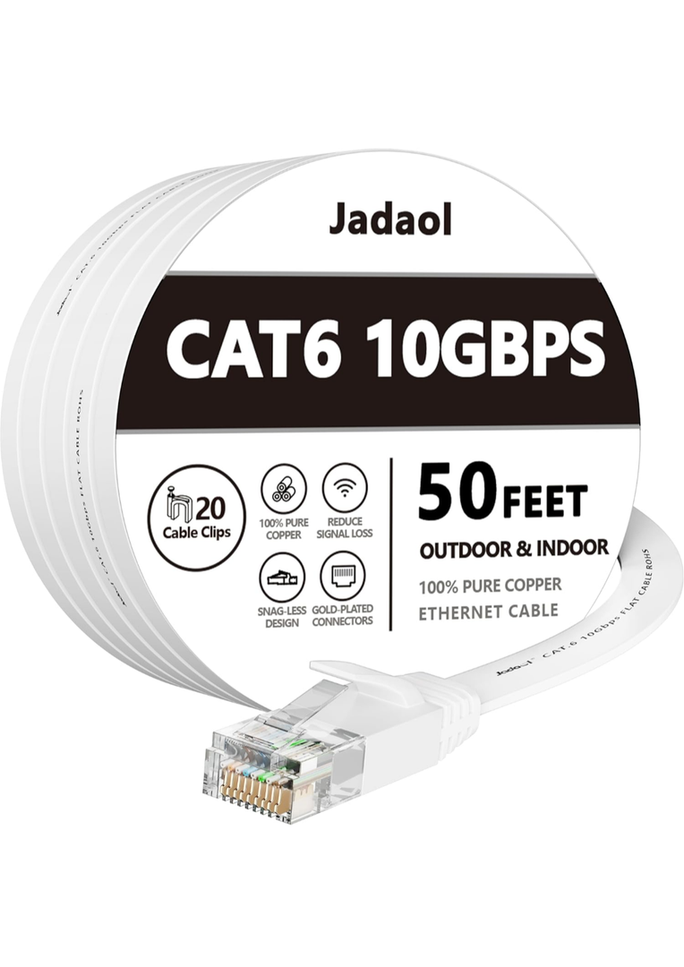 Jadaol Cat 6 Ethernet Cable 50 ft, Outdoor & Indoor 10Gbps Support Cat8 Cat7 Network, Flat RJ45 Internet LAN Computer Patch Cable for Router, Modem, Switch, Gaming Consoles, Streaming Devices, White